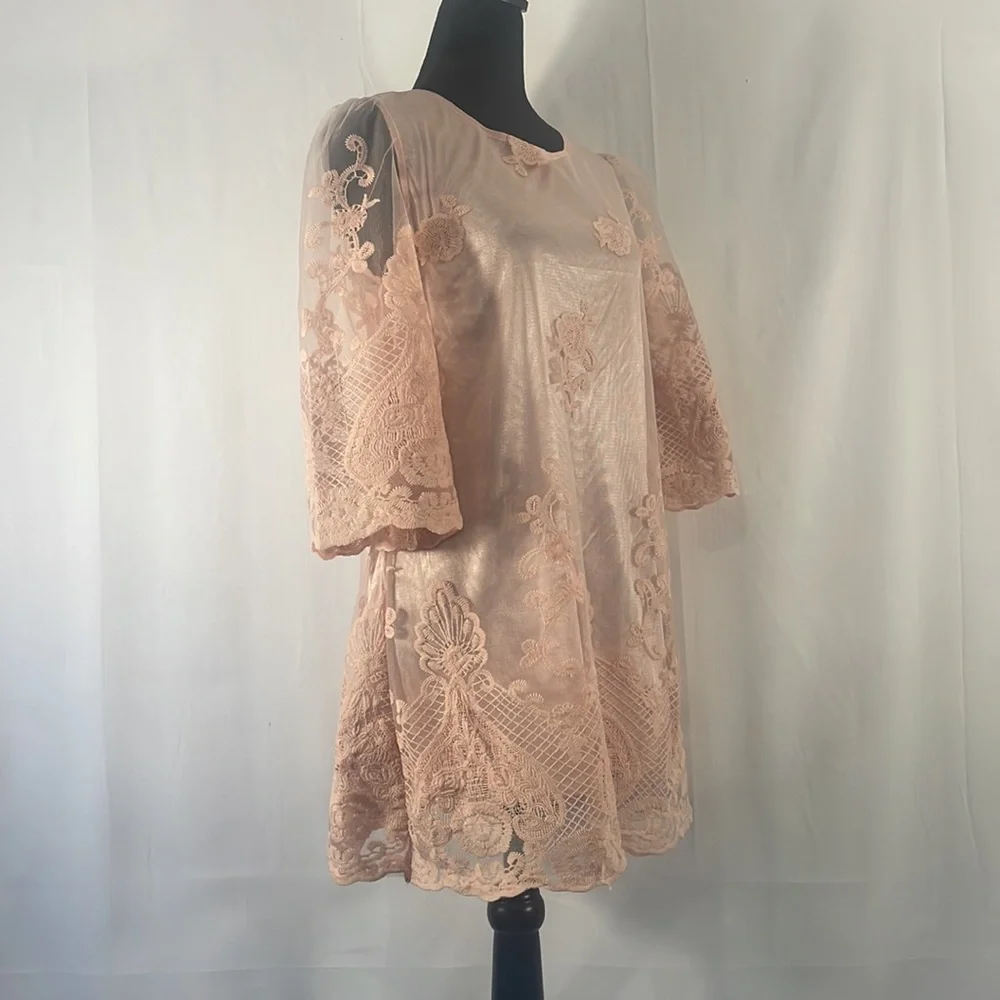 Simply Couture Pink Floral Layered sheer lace Baby doll, Tunic Dress,Size Small - Picture 8 of 11